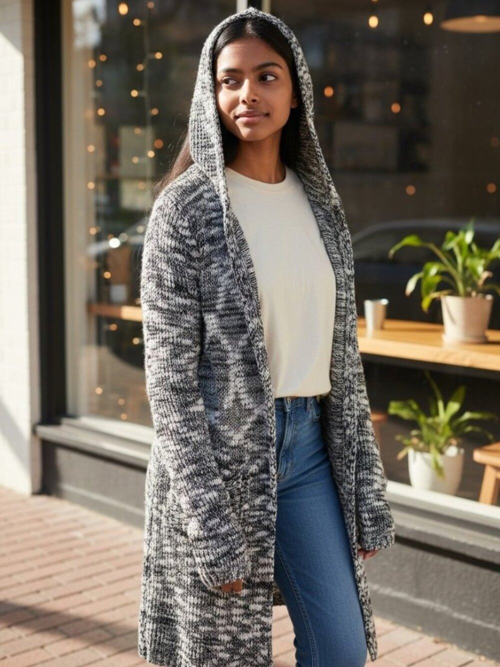 Mudd Girls ✦ Black & White Marled Hooded Cardigan ✦ Open Front Cozy Knit Size 10